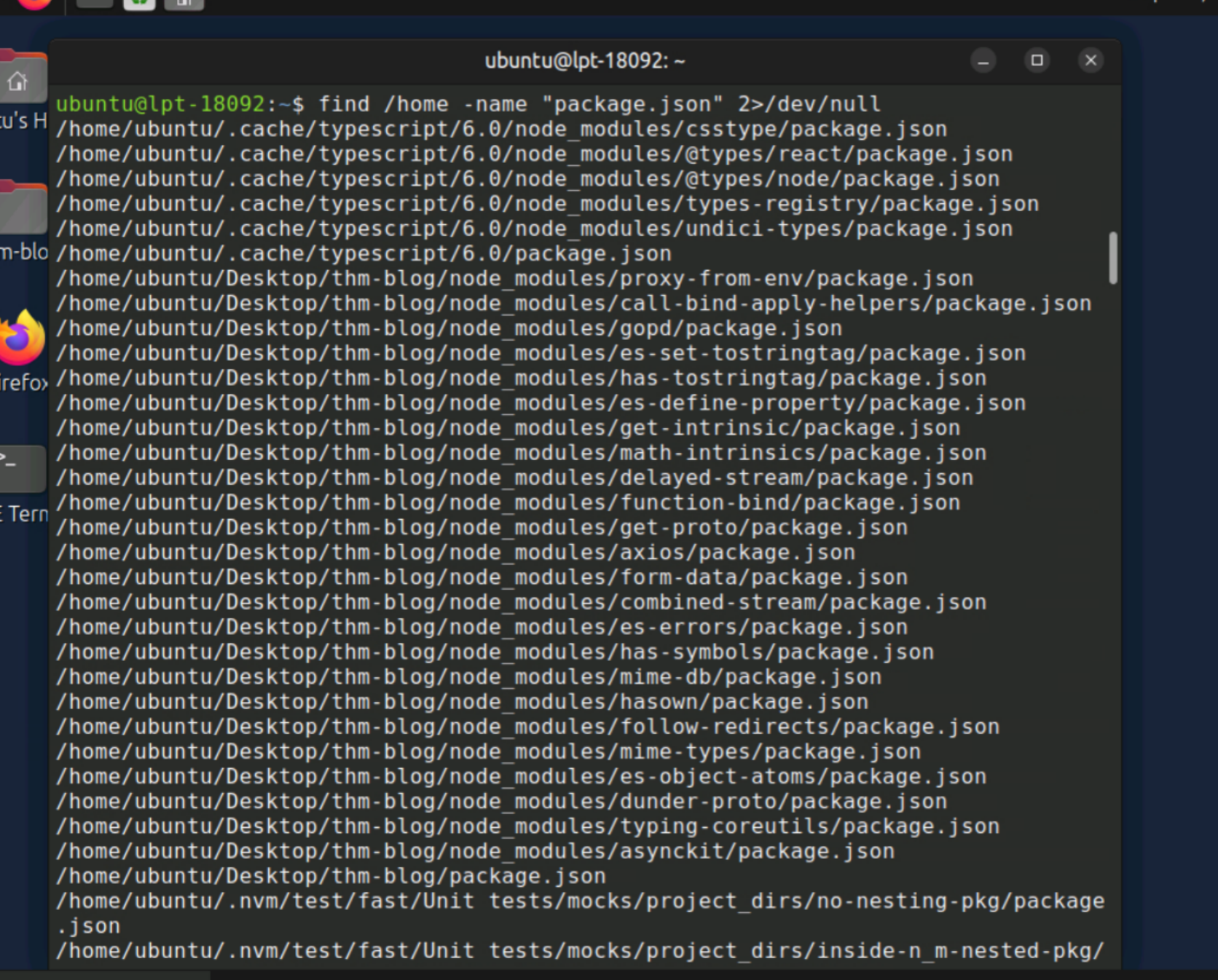 find /home returning package.json paths including Richard Lee's thm-blog directory